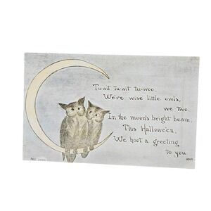 Vintage 1914 Halloween Postcard Owls on Moon F.A. Owen‎ Co 202C Postmarked Stamp